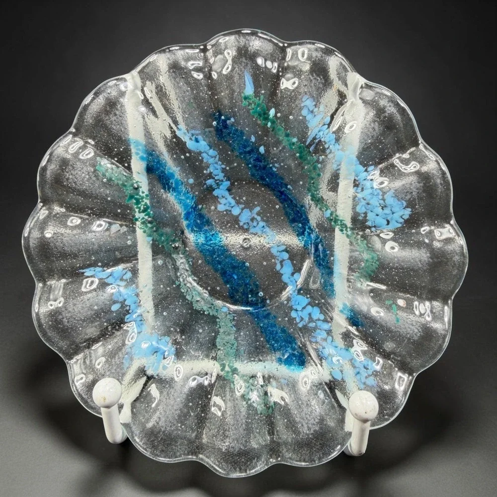 Artisan Fused Glass Scalloped Bowl Blue Teal Striped Coastal Decor Hand Made 5in